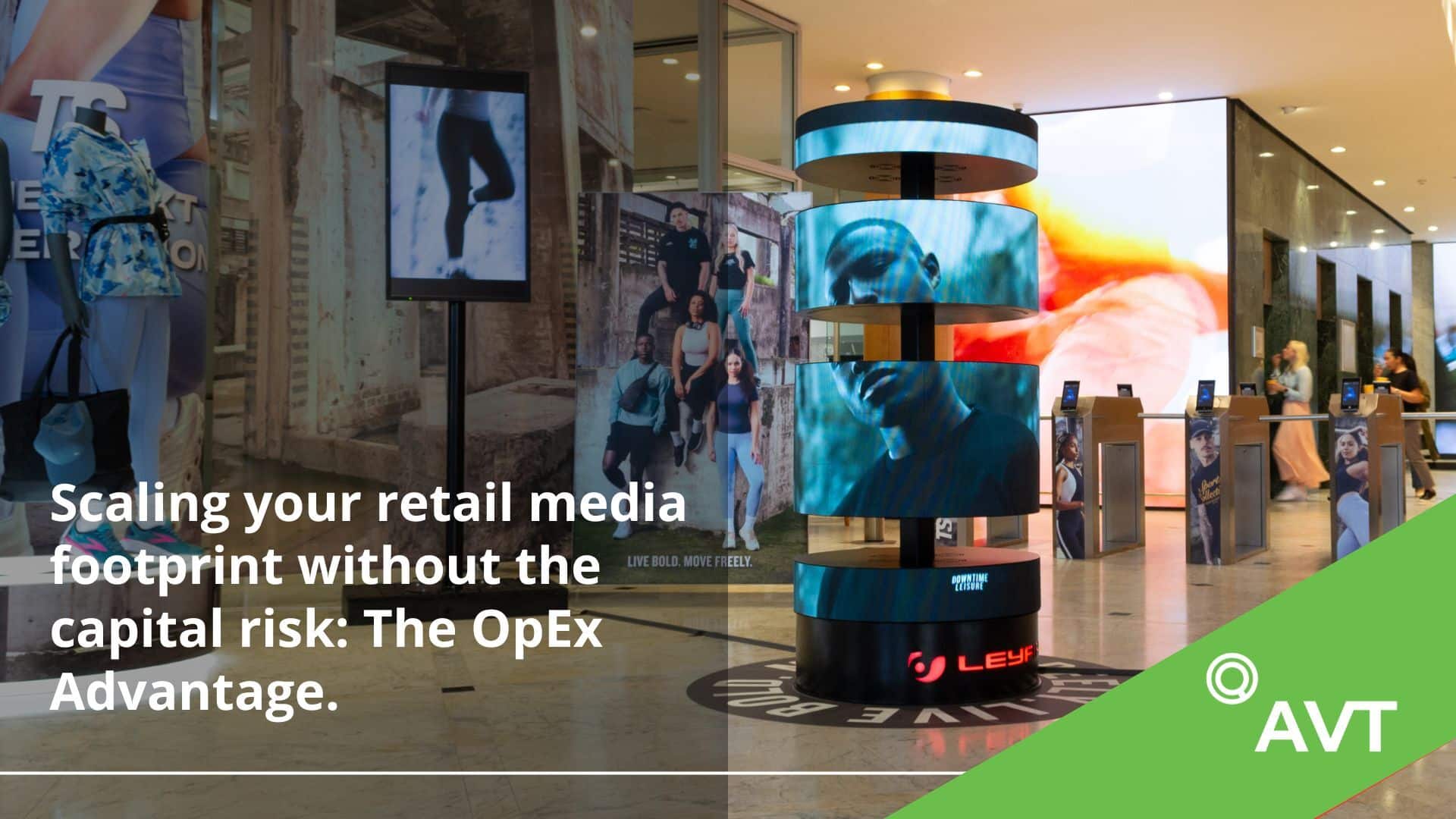 Digital retail media displays and interactive screens installed in a modern shopping centre for AVT.